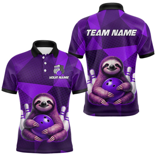 Maxcorners Purple Funny Sloth Bowling Shirt for Men Custom Bowling Jersey Polo & Quarter-Zip Bowling Outfit LM2704