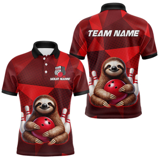 Maxcorners Red Funny Sloth Bowling Shirt for Men Custom Bowling Jersey Polo & Quarter-Zip Bowling Outfit LM2704