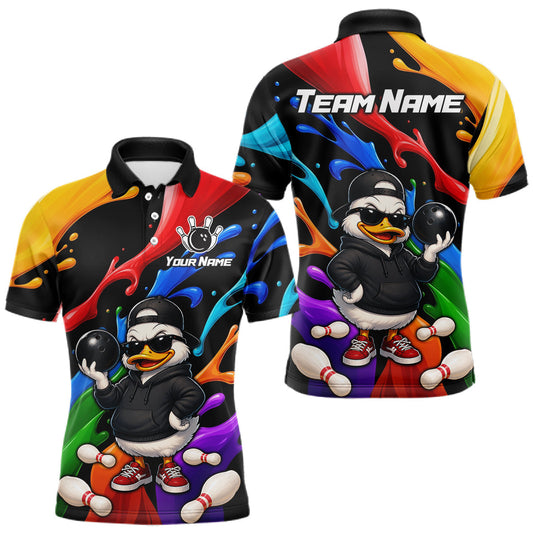 Maxcorners Custom Colorful Funny Duck Bowling Shirt for Men Bowling Team Jersey Polo & Quarter-Zip Bowling Outfit