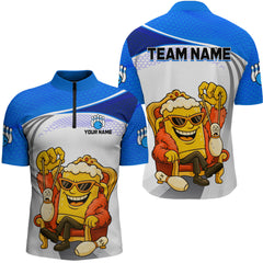 Maxcorners Custom Funny Blue Beer Polo Bowling Team Shirt for Men Quarter-Zip Bowling Jersey Outfit LM1812