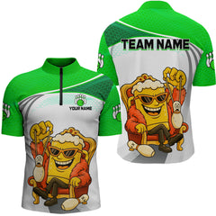 Maxcorners Custom Funny Green Beer Polo Bowling Team Shirt for Men Quarter-Zip Bowling Jersey Outfit LM1812