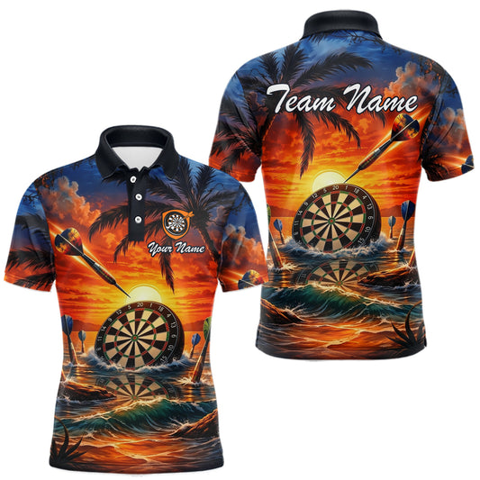 Maxcorners Custom Dart Team Shirts for Men Polo & 1/4 Zip Dart Jersey Sunset Tropical Design Dartboard Shirt