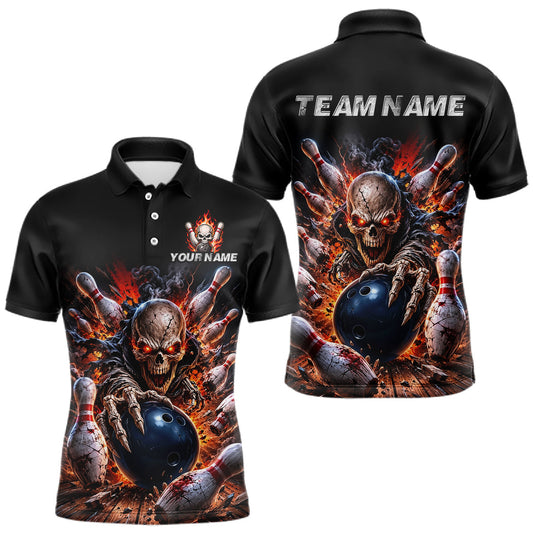 Maxcorners Custom Fire Skull Bowling Team Shirt for Men Bowling Jersey League Polo & Quarter Zip