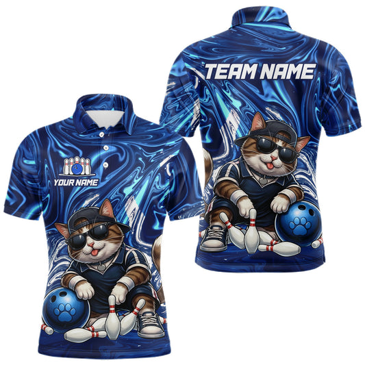 Maxcorners Custom Blue Funny Cat Bowling Team Shirt for Men Bowling Jersey Gift Bowling Outfit LM2306