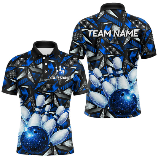 Maxcorners Blue Rhinestone Bowling Shirt for Men Custom Bowling Team Jersey Polo & Quarter-Zip LM2704