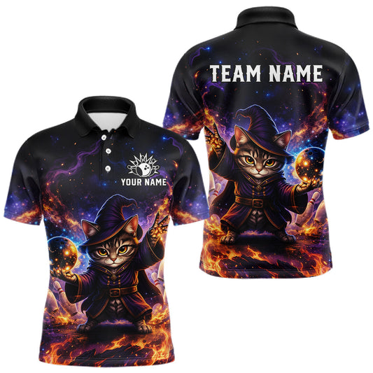 Maxcorners Custom Wizard Cat Bowling Shirt for Men Witch Bowling League Jersey Bowling Uniform Polo & 1/4 Zip LM2306