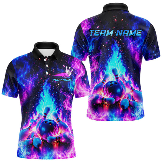Maxcorners Custom Galaxy Flame Bowling Shirt for Men Bowling Jersey Polo & Quarter-Zip Outfit LM2405