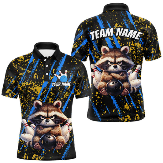 Maxcorners Custom Yellow & Blue Funny Raccoon Bowling Team Shirt for Men Bowling Jersey League Polo & 1/4-Zip