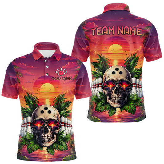 Maxcorners Custom Sunset Tropical Skull Bowling Shirt for Men Bowling Team Jersey Polo & 1/4 Zip Bowling Outfit LM2306