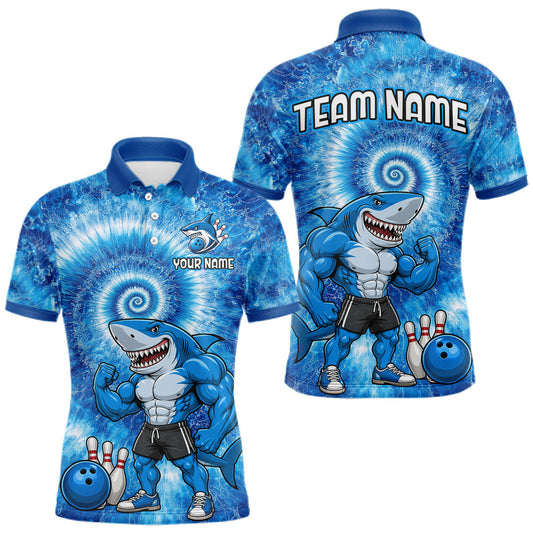 Maxcorners Custom Tie Dye Shark Bowling Shirt for Men Funny Bowling Team Jersey Polo & 1/4 Zip LM2704