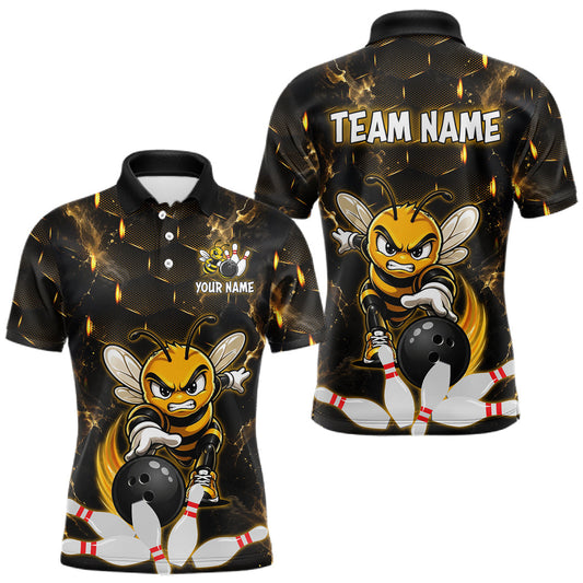 Maxcorners Custom Black & Gold Funny Bee Bowling Shirt for Men Polo & 1/4-Zip Bowling Team Jersey LM2704