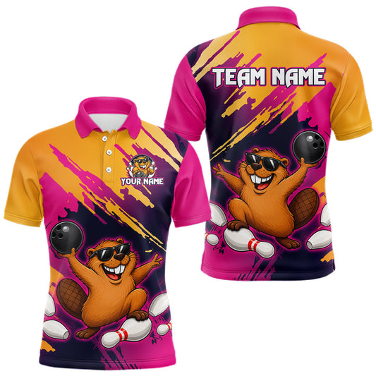 Maxcorners Pink and Yellow Funny Beaver Bowling League Shirt for Men Custom Bowling Jersey Polo & 1/4 Zip Bowler Gift