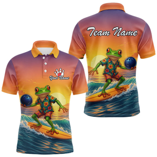 Maxcorners Custom Funny Surfing Frog Bowling Shirt for Men, Tropical Sunset Bowling League Jersey Bowling Outfit