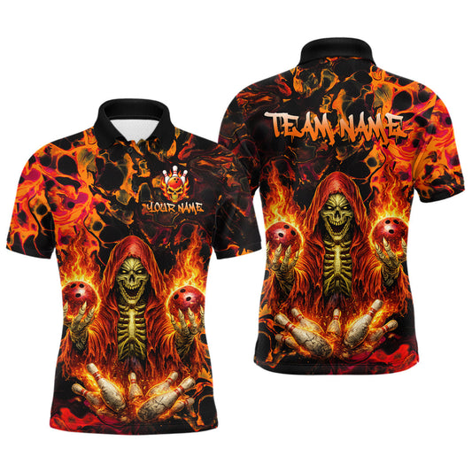 Maxcorners Custom Flame Skeleton Bowling Shirt for Men Bowling Jersey Polo & Quarter-Zip Bowling Outfit LM1705