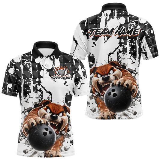 Maxcorners Custom Black and White Funny Bulldog Bowling Shirt for Men Bowling Team Jersey Polo & 1/4 Zip Bowling Outfit