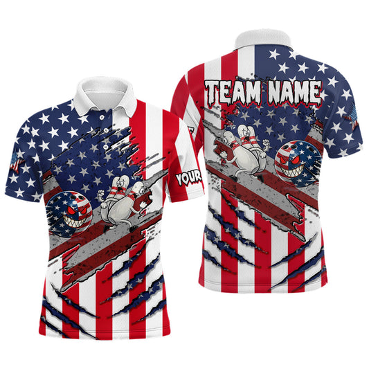 Maxcorners Custom American Flag Bowling Shirt Funny Blue Red White Bowling Jersey for Men Polo & Quarter-Zip