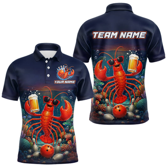Maxcorners Custom Funny Lobster & Beer Bowling Shirt for Men Sea Bowling League Jersey Polo & 1/4-Zip LM0106