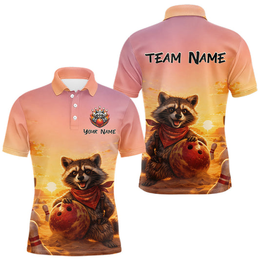 Maxcorners Custom Sunset Raccoon Bowling Team Shirt for Men Bowling Jesey Polo & Quarter-Zip Bowling Outfit