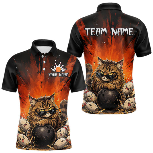 Maxcorners Custom Orange Funny Cat Bowling Team Shirt for Men Bowling League Jersey Outfit