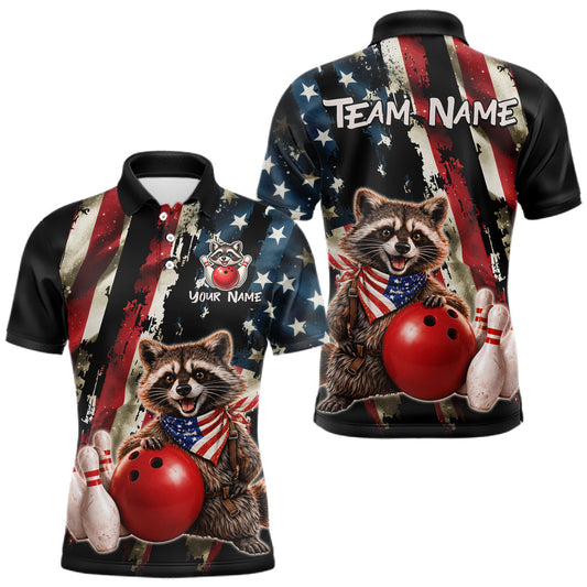 Maxcorners Custom American Flag Raccoon Bowling Shirts for Men Patriotic Bowling League Jersey Outfit LM2806