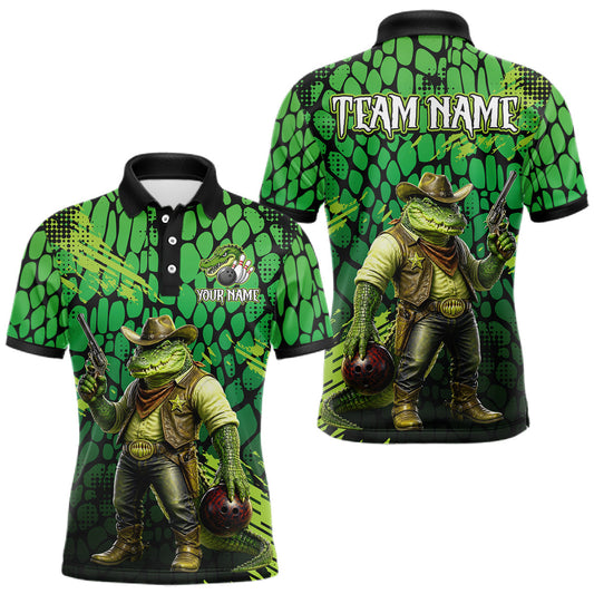 Maxcorners Funny Green Cowboy Alliagator Bowling Shirt for Men Custom Bowling Team Jersey Polo & 1/4-Zip Bowling Outfit LM1705