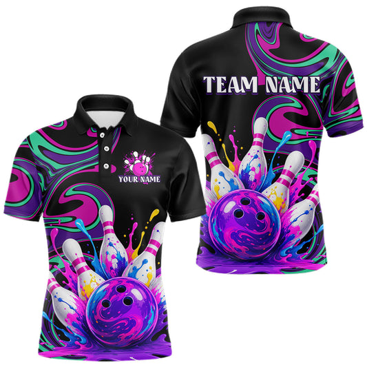 Maxcorners Custom Neon Splash Bowling Shirt for Men Bowling Jersey League Polo & Quarter-Zip Bowling Outfit LM0106