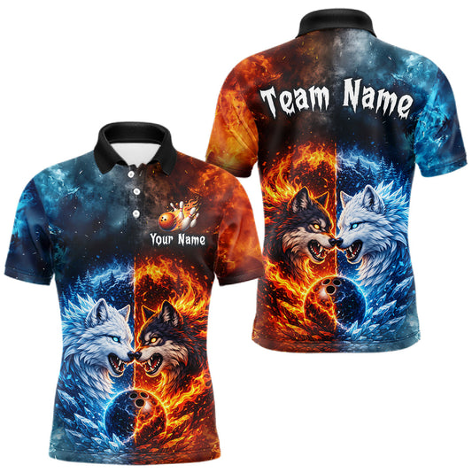 Maxcorners Fire and Ice Wolf Bowling Team Shirt Custom Bowling League Jersey for Men Bowling Polo & 1/4-Zip