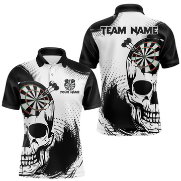 Maxcorners Personalized Skull Dart Shirts for Men Custom Black & White Dart Jersey Polo & Quarter-Zip Dartboard Shirt