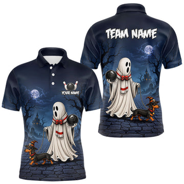 Maxcorners Custom Ghost & Dachshund Bowling Shirt for Men, Halloween Bowling Team Jersey, Bowling Outfit