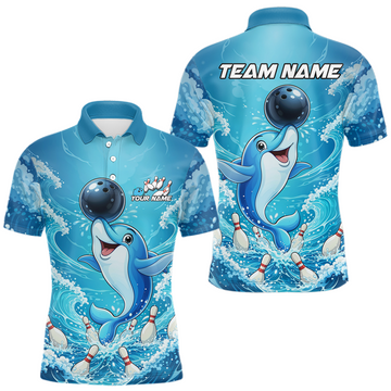 Maxcorners Custom Funny Dolphin Bowling Polo Shirt Blue Ocean Theme Team Jersey Bowling Outfit for Men LM0901