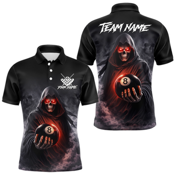 Maxcorners Custom Grim Reaper Billiard Shirts for Men 8 Ball Pool Shirt Polo & Quarter-Zip Billiard Jersey Unisex LM2603