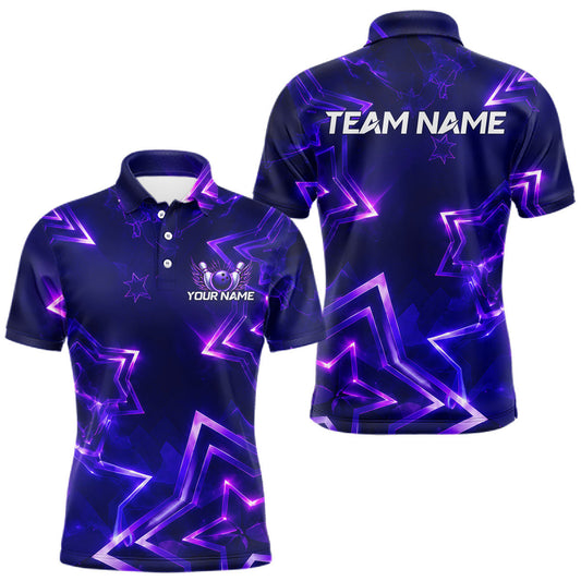 Maxcorners Custom Neon Purple Star Bowling Shirt for Men Bowling Jersey Polo & Quarter-Zip LM1705