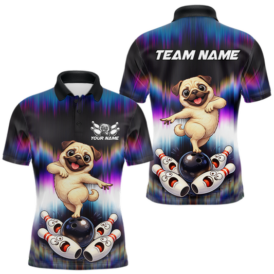 Maxcorners Custom Colorful Funny Pug Dog Bowling Shirt Bowling Jersey for Men Polo & 1/4-Zip Bowling Outfit LM2603