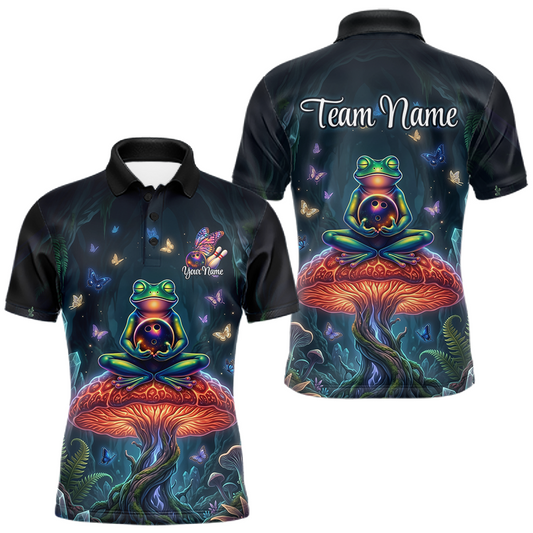 Maxcorners Custom Zen Frog Bowling Shirt for Men Meditation Style Bowling Jersey Polo & 1/4-Zip LM2704