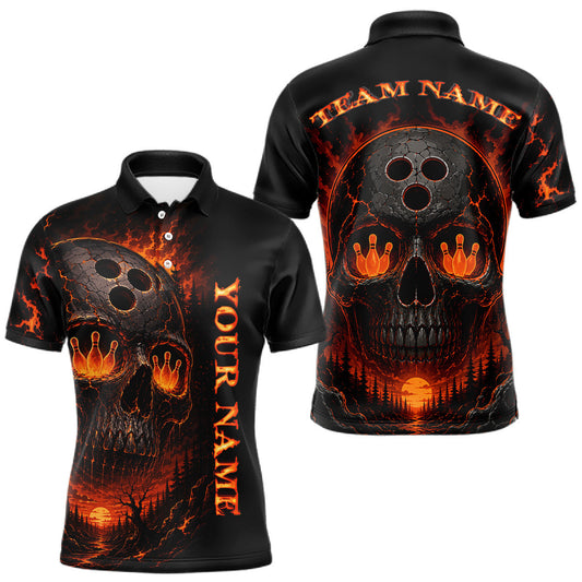 Maxcorners Custom Flames Skull Bowling Shirt for Men Bowling Jersey League Outfit Polo & Quarter-Zip LM1406