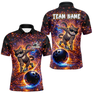 Maxcorners Custom Galaxy Funny Cat Bowling Shirt for Men Bowling League Jersey Polo & Quarter-Zip Bowling Outfit