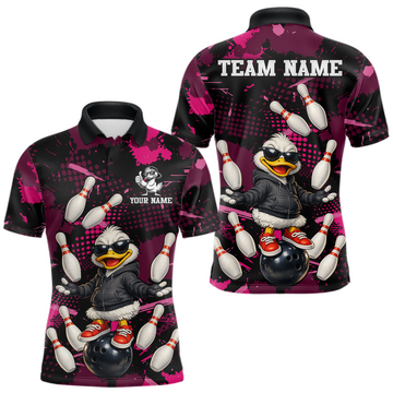 Maxcorners Custom Pink Funny Duck Bowling Shirt for Men Bowling Jersey Polo & 1/4 Zip Bowling Outfit