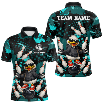 Maxcorners Custom Turquoise Funny Duck Bowling Shirt for Men Bowling Jersey Polo & 1/4 Zip Bowling Outfit