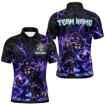 Maxcorners Personalized Raccoon Wizard Bowling Shirt for Men Purple Thunder Lightning Bowling Jersey