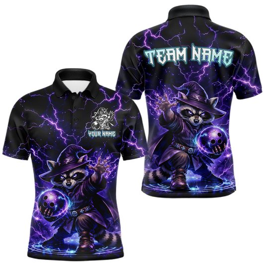 Maxcorners Personalized Raccoon Wizard Bowling Shirt for Men Purple Thunder Lightning Bowling Jersey