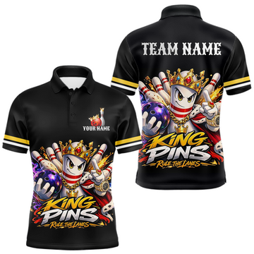 Maxcorners Custom King Pins Bowling Shirt for Men Bowling Team Jersey Polo & Quarter-Zip Shirt Bowling Tournament LM1903