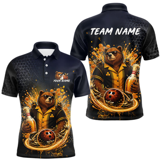 Maxcorners Black & Gold Bear Bee & Beer Bowling Shirt for Men Custom Bowling League Jersey Polo & 1/4-Zip LM2806