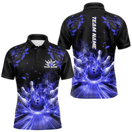 Maxcorners Custom Blue Flame Bowling Team Shirt For Men Polo & 1/4-Zip Bowling Jersey Bowling League Uniform LM1104
