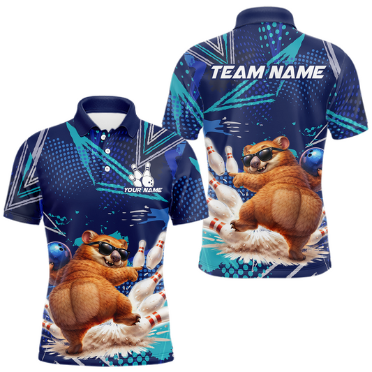 Maxcorners Custom Funny Wombat Bowling Team Shirt Navy Bowling Jersey for Men Bowling Performance