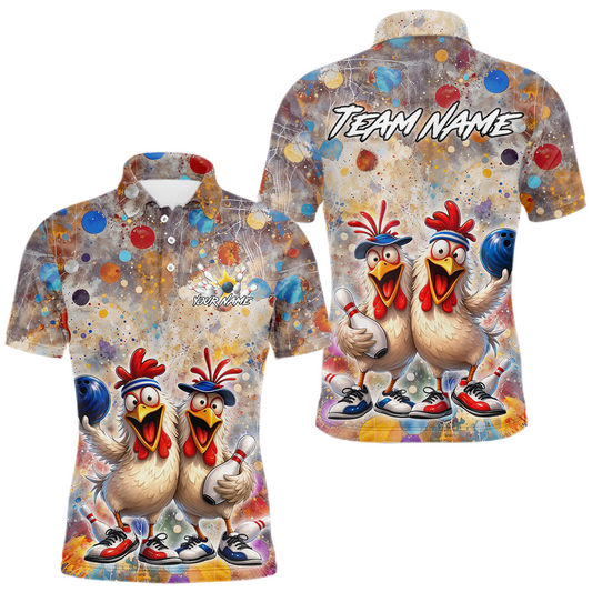 Maxcorners Custom Funny Chicken Bowling Team Shirt for Men Colorful Bowling Buddy Shirt Polo & 1/4 Bowling Outfit LM2603