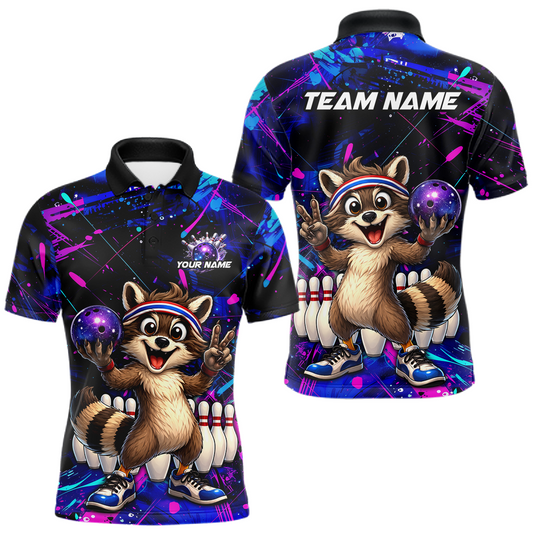 Maxcorners Custom Neon Funny Raccoon Bowling Team Jersey for Men Bowling Shirt Bowling Tournament Polo & 1/4-Zip LM2603