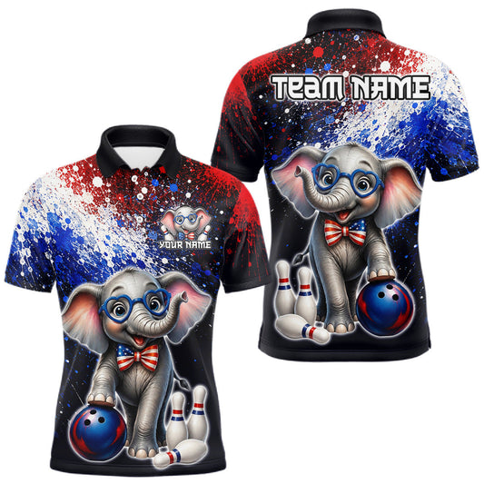 Maxcorners Custom American Flag Elephant Bowling Team Shirt for Men Patriotic Bowling Jersey Polo & 1/4-Zip