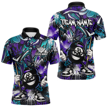 Maxcorners Funny Teal & Purple 8 Ball and Cue Billiards Shirt for Men Custom Pool Team Jersey Billiard Player Gift, Team Jersey Polo & Quarter Zip LM2607