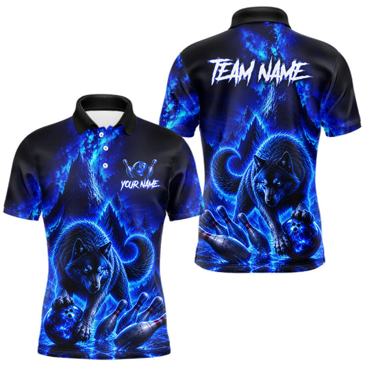 Maxcorners Custom Neon Blue Wolf Bowling Shirt for Men Bowling Team Jersey Polo & Quarter Zip