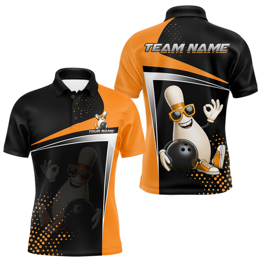 Maxcorners Custom Orange Funny Bowling Pin Shirt for Men Bowling Team League Jersey Bowling Outfit